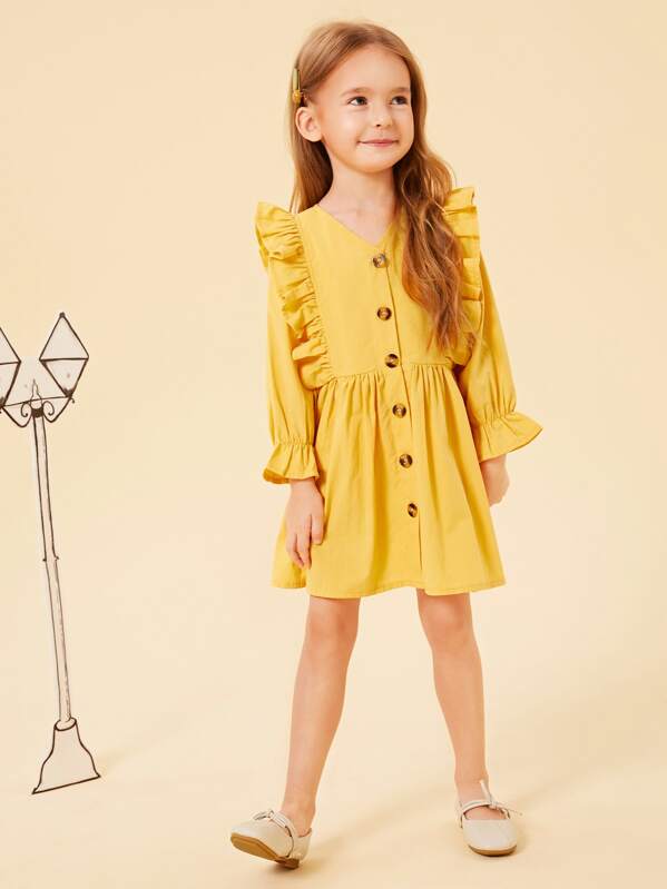 

Toddler Girls Button Front Frill Trim Shirt Dress, Yellow, Sofia B