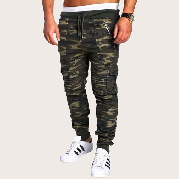 

Men Contrast Binding Drawstring Waist Zip Up Pocket Camo Pants