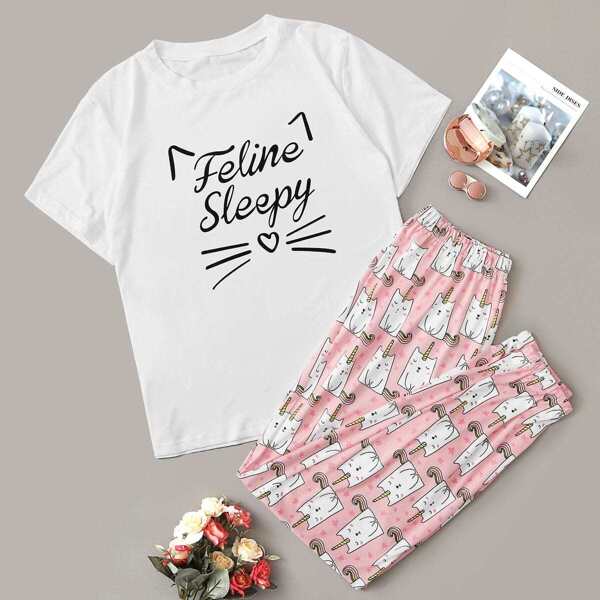 

Cat & Letter Print Pajama Set