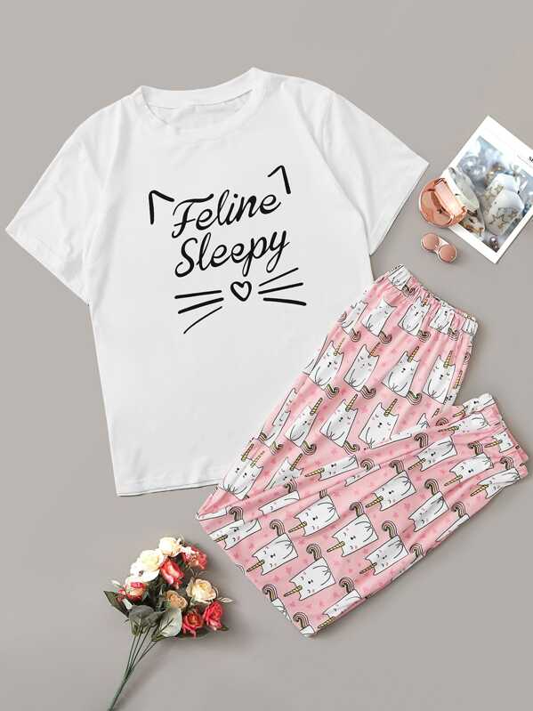 

Cat & Letter Print Pajama Set, Multicolor