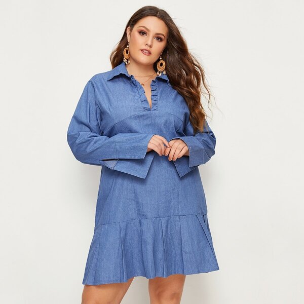 

Plus Ruffle Hem Denim Shirt Dress, Blue