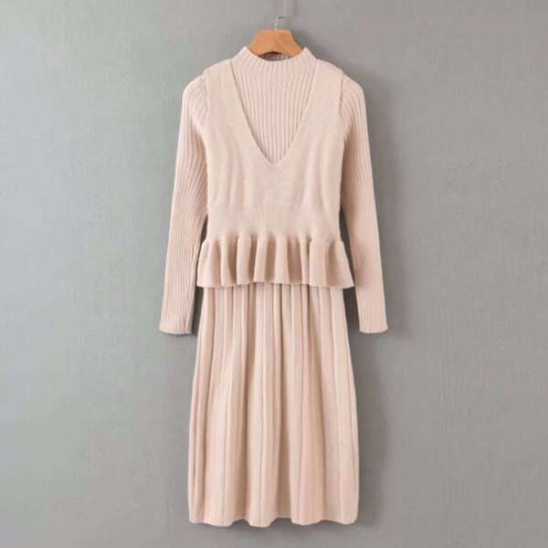 

Mock Neck Sweater Dress & Ruffle Hem Sweater Vest