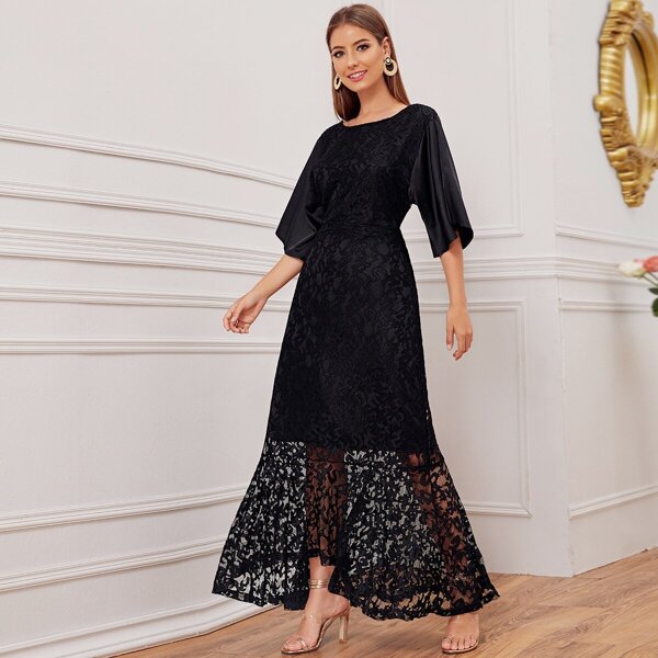 

V-cut Backless Lace Maxi Dress, Black
