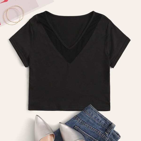 

V-neck Mesh Panel Crop Tee
