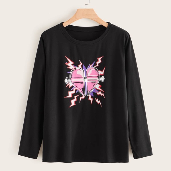 

Plus Graphic Print Long Sleeve Tee, Black