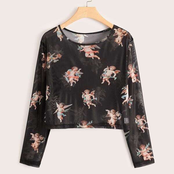 

Plus Angel Print Sheer Mesh Top, Black