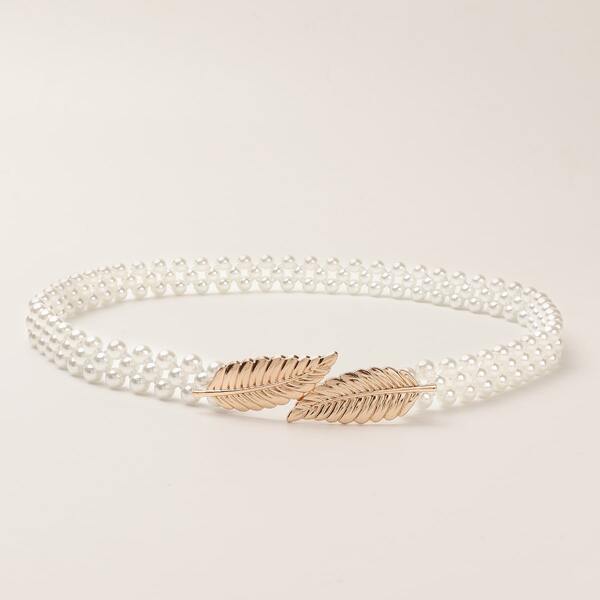 

Girls Leaf Decor Faux Pearl Beaded Belt
