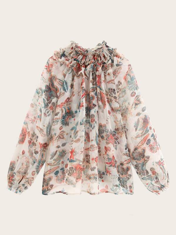 

Ruffle Neck Plants Print Button Front Blouse, Multicolor