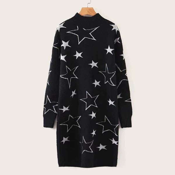 

Star Print Stand Collar Sweater Dress