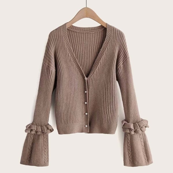 

Frill Flounce Sleeve Pearls Button Through Cardigan