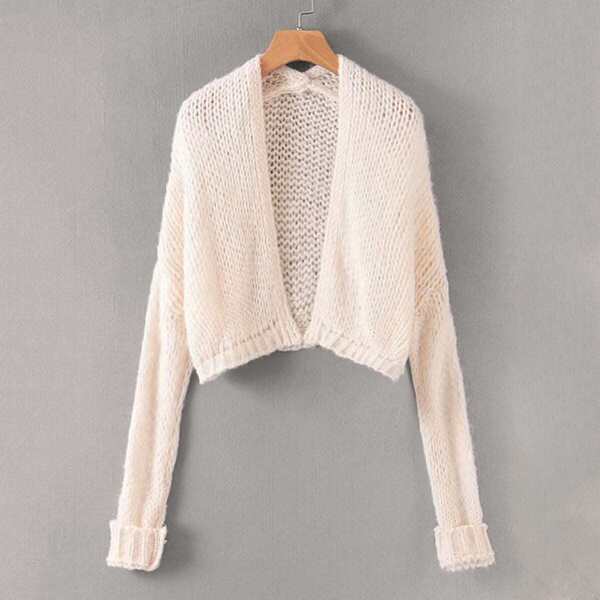 

Solid Drop Shoulder Chunky Knit Cardigan, Beige