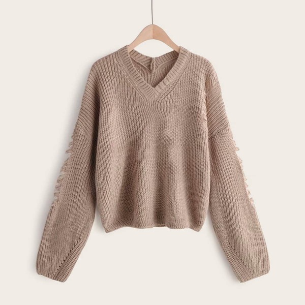 

V-Neck Ripped Sleeve Solid Sweater