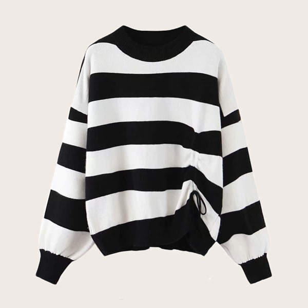 

Striped Colorblock Ruched Tie Front Sweater
