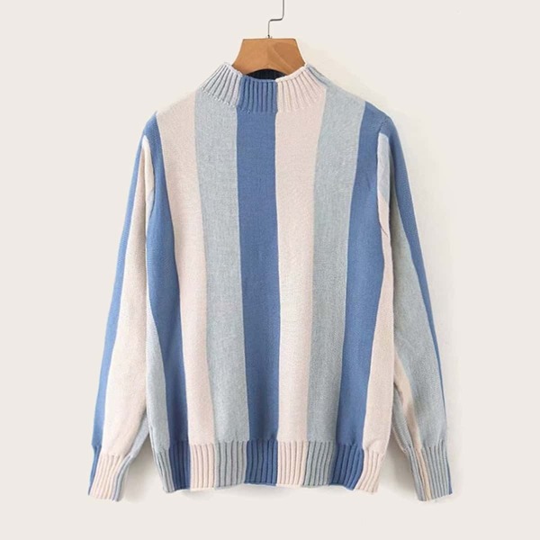 

Color-block Striped Stand Collar Sweater