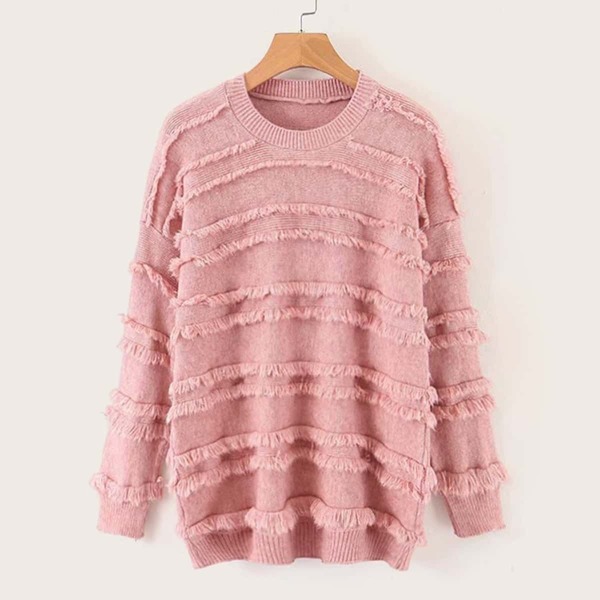 

Solid Shaggy Fringe Trim Drop Shoulder Sweater