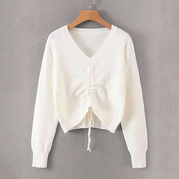 

Ruched Drawstring V-Neck Solid Sweater, White