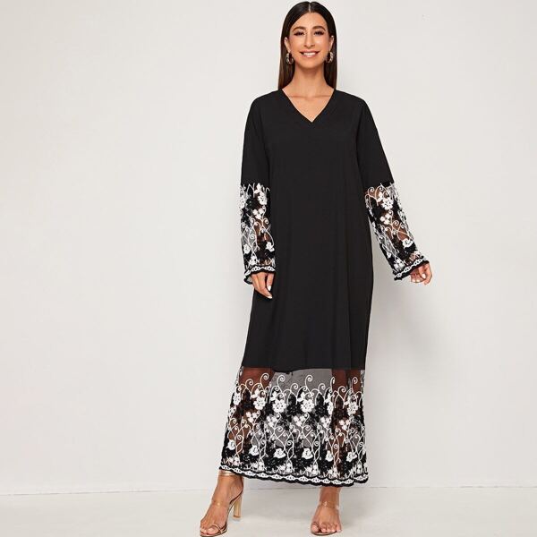 

V-neck Embroidered Mesh Panel Dress, Black