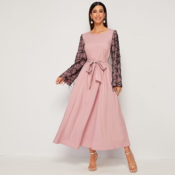 

Sequin Mesh Overlay Sleeve Self Belted Dress, Pink pastel
