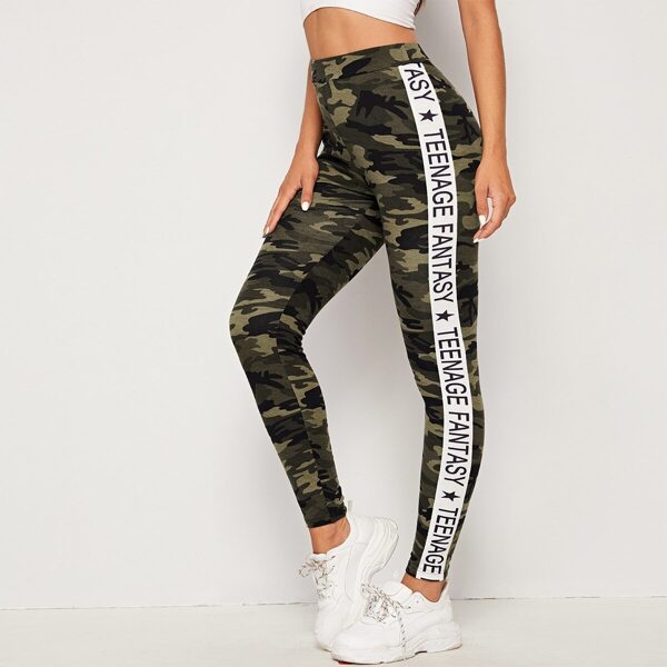 

Contrast Sideseam Letter and Camo Print Leggings, Multicolor