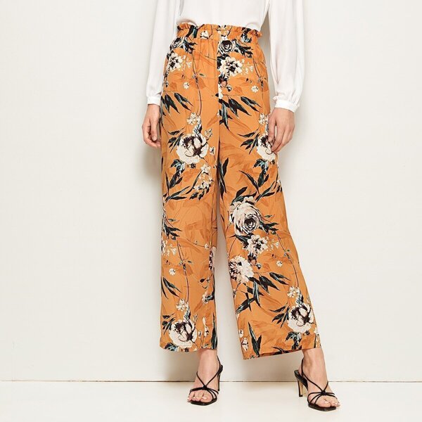 

Botanical Print Paperbag Waist Wide Leg Pants, Orange
