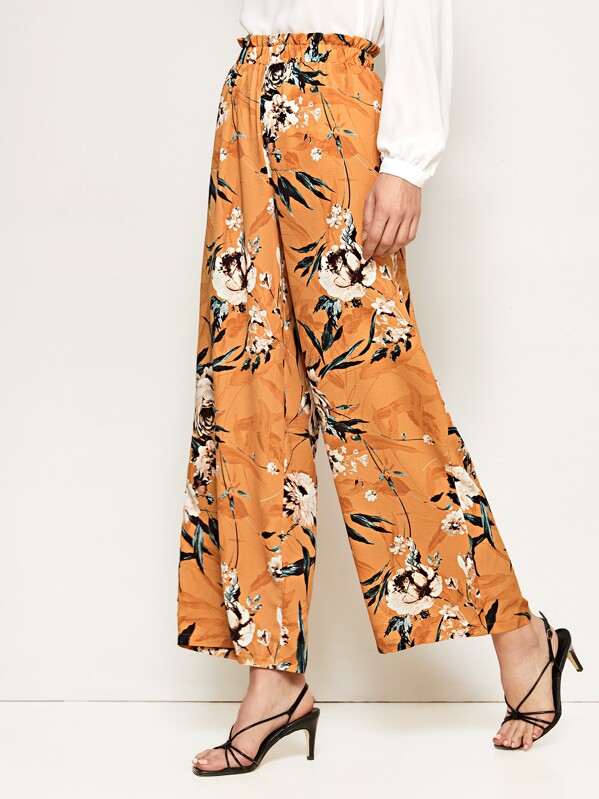 

Botanical Print Paperbag Waist Wide Leg Pants, Orange, Denisa