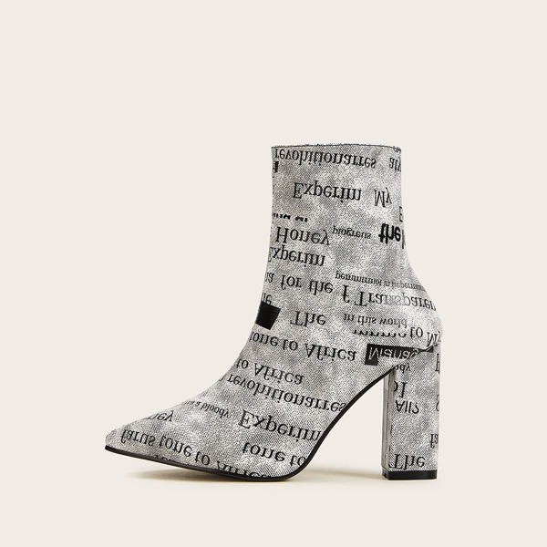 

Point Toe Letter Print Side Zip Boots