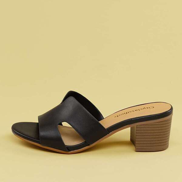 

Dual Cut Out Low Stacked Heel Sandals, Black