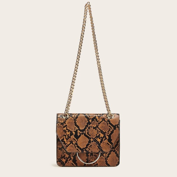 

Ring Detail Snakeskin Print Chain Crossbody Bag