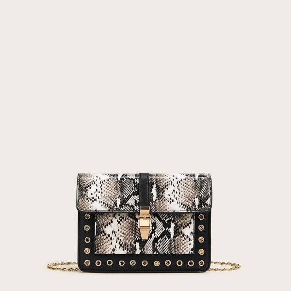 

Eyelet Decor Snakeskin Print Chain Crossbody Bag