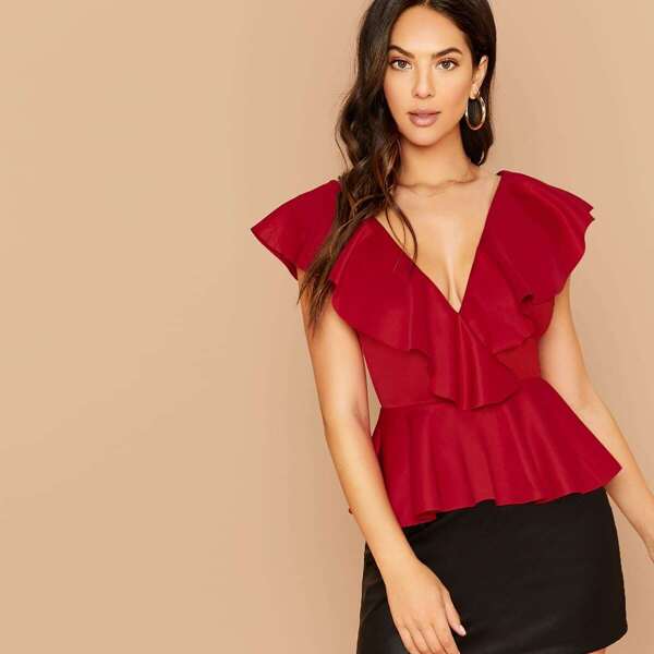 

Plunging Neck Ruffle Trim Peplum Top, Red