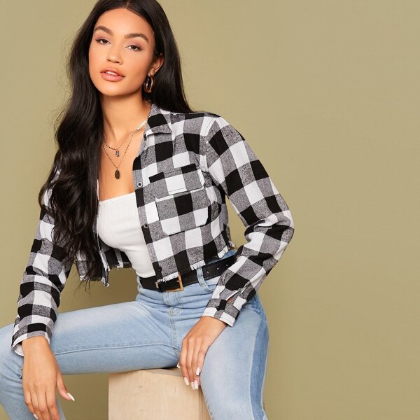 

Flap Pocket Raw Hem Buffalo Plaid Shirt, Black and white