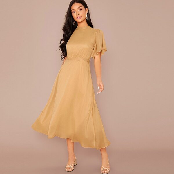

Mock-neck Flutter Sleeve Tie Back Belted Dress, Khaki pastel