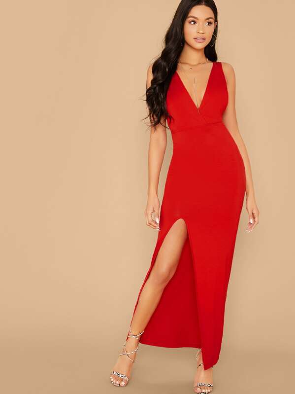 

Plunging Neck High Split Front Solid Dress, Red, Juliette