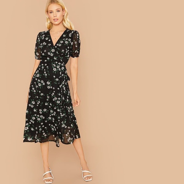 

Floral Print Ruched Sleeve Tie Side Wrap Dress