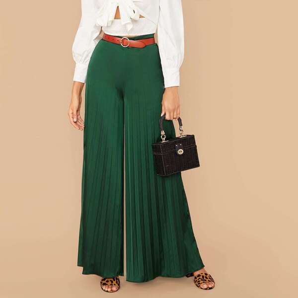 

High Waist Wide Leg Pleated Pants Without Belt, Green