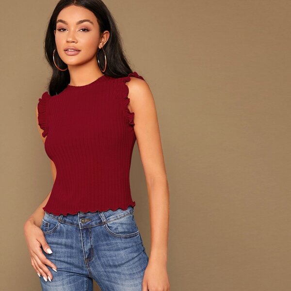 

Frill Trim Rib-knit Top