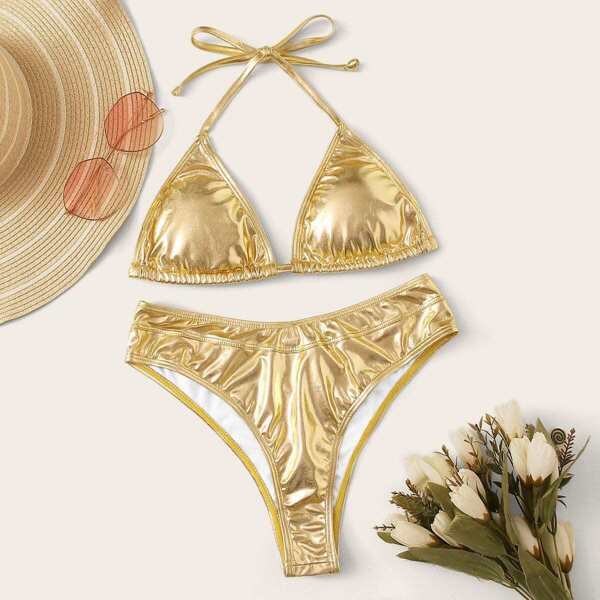 

Metallic Triangle Halter Top With Cheeky Bikini Set