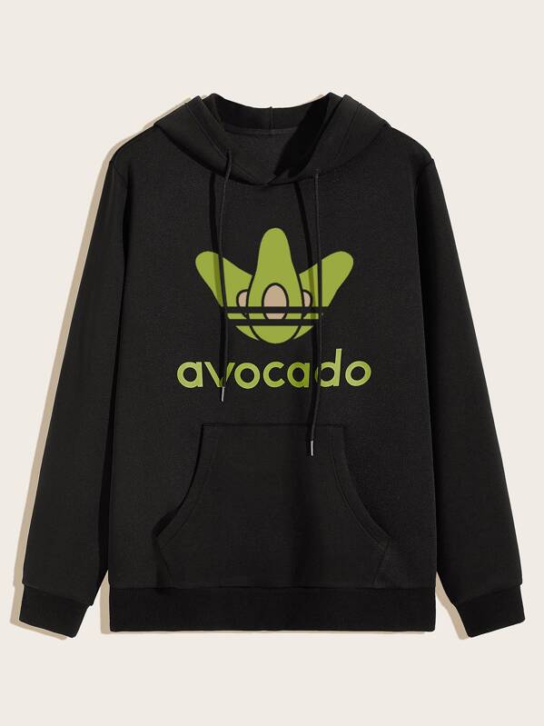 

Men Letter And Avocado Graphic Hooded Sweatshirt, Black