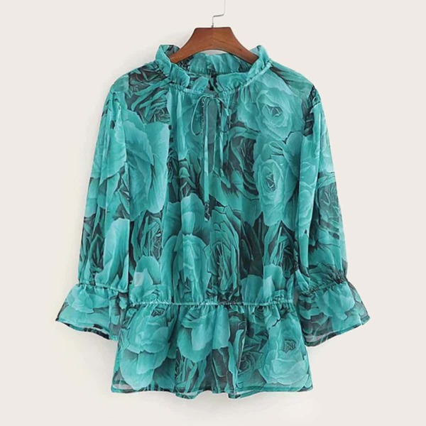 

Floral Print Knot Front Peplum Blouse