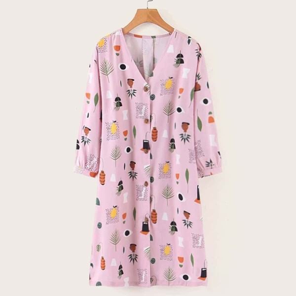 

Geo And Botanical Print Button Front Dress, Pink