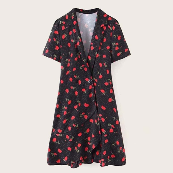 

Lapel Neck Floral Print Ruffle Hem Dress