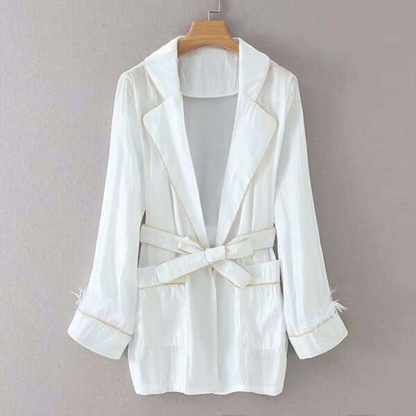 

Lapel Neck Belted Feather Cuff Outerwear