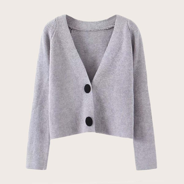 

V Neck Button Front Rib-knit Cardigan, Grey