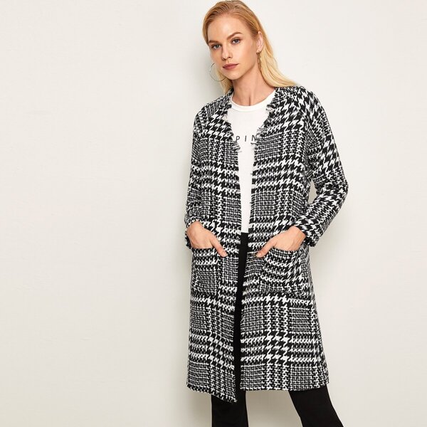 

Open Front Raw Trim Houndstooth Coat, Black and white