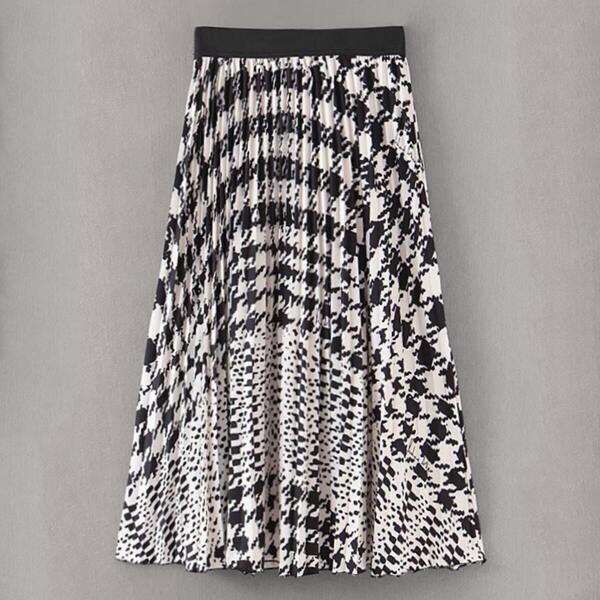 

Random Print Elastic Waist Pleated Skirt, Black and white