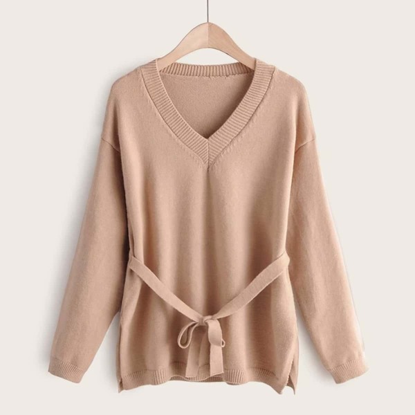 

V Neck Tie Front Slit Hem Sweater