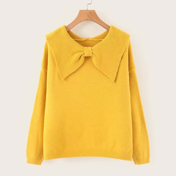 

Drop Shoulder Solid Bow Neck Sweater