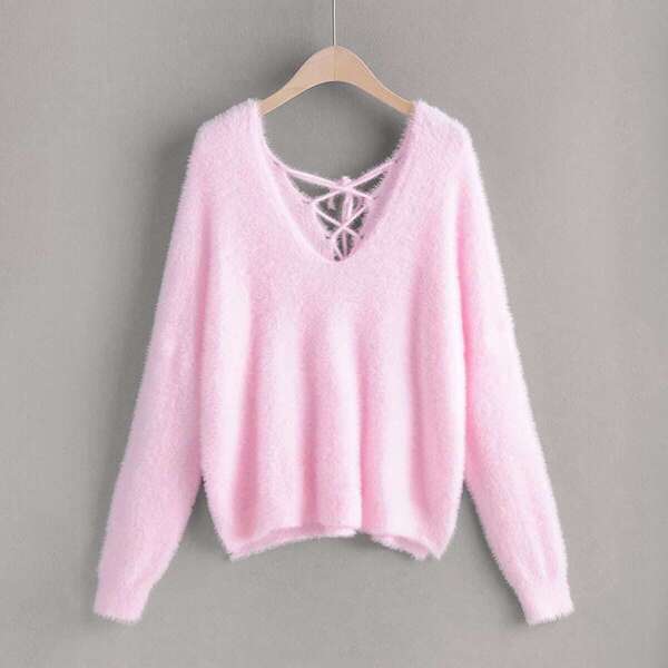 

V Neck Lace Up Back Fluffy Sweater