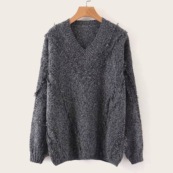 

V-neck Space Dye Raw Hem Jumper