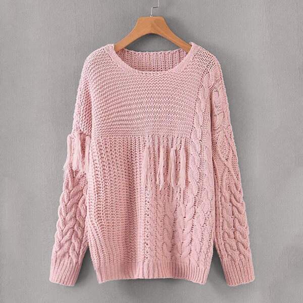 

Fringe Embellished Cable Knit Sweater